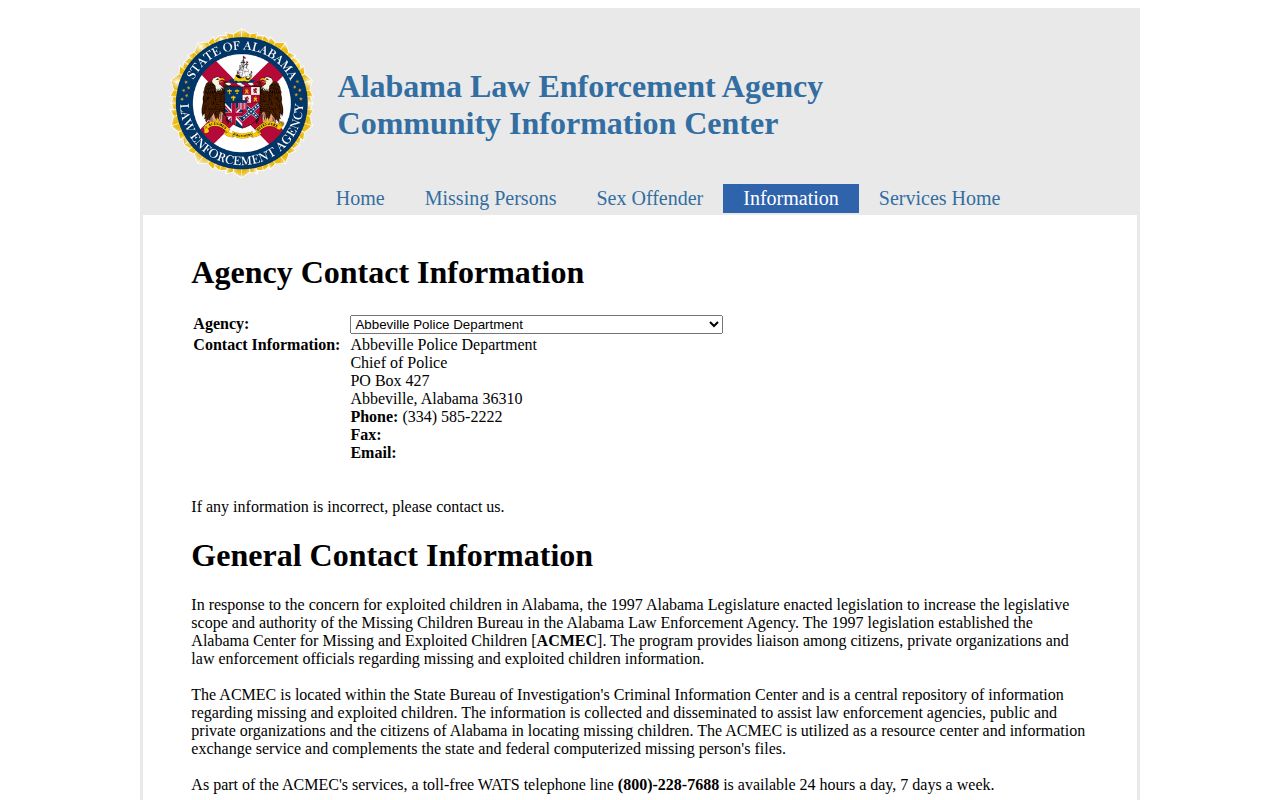ALEA public agency listing for Abbeville Police Department contact information