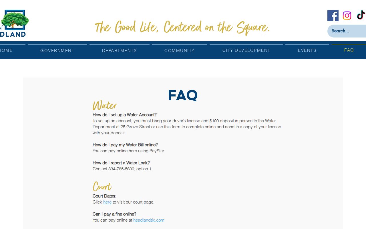 Headland city FAQ showing police patrol and city court contact information