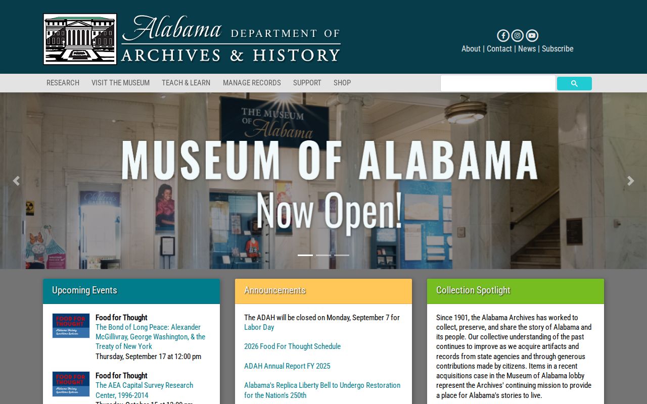 Alabama Department of Archives and History home page