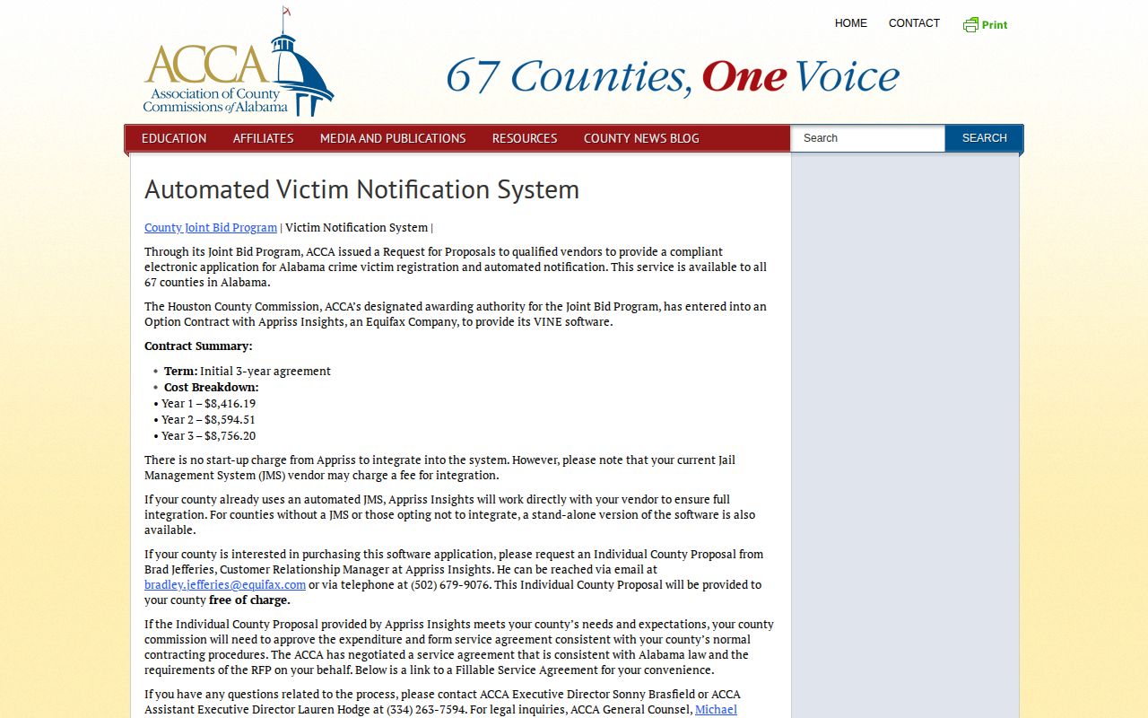 Alabama Counties automated victim notification information
